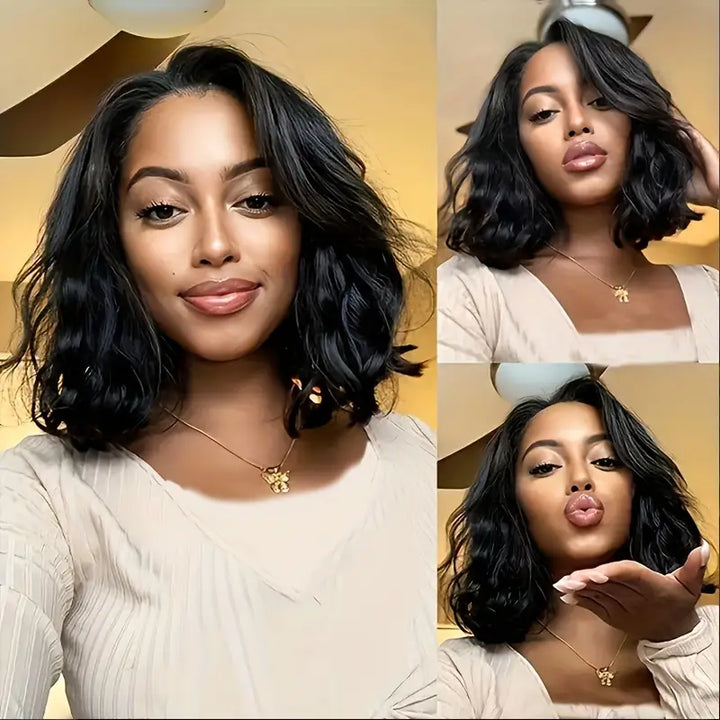 Wear And Go Glueless Wig 200% Density 5X5 Lace Front Human Hair  Body Wave Bob Wigs With Bangs For Women Black Short Wave Bob Wig Human Hair Natural Looking Wig