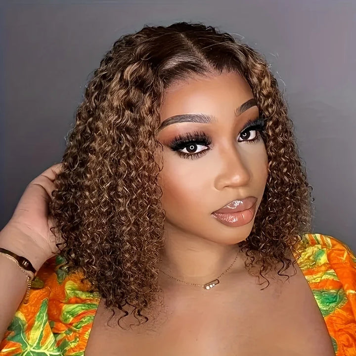 Wear And Go Glueless Bob Wigs 4/27 Highlight Kinky Curly 5x5 HD Lace Front Human Hair Wig Honey Blonde Glueless Wig Pre Cut Lace