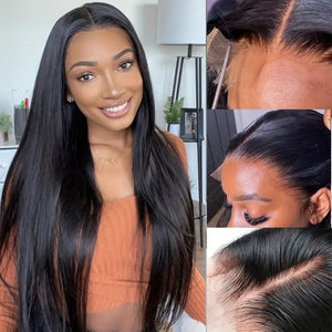 13x4 Straight Lace Frontal Wigs Human Hair Pre Plucked Bleached Knots 200% Density Natural Color
