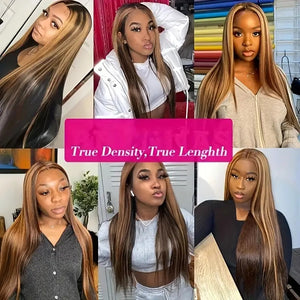 Maxglam Wig Highlight P4/27 Human Hair Ombre Brown Peruvian Bone Straight Lace Front Human Hair Wigs For Women 5x5 Lace Frontal Wigs Pre Plucked Pre Cut 200% Density