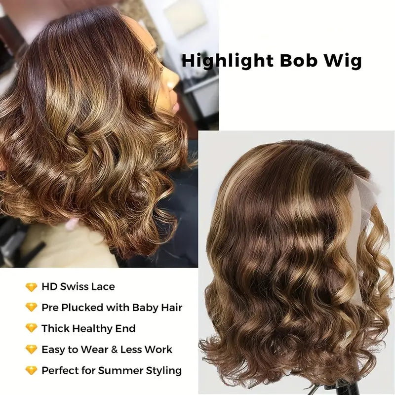 Wear And Go 4/27 Highlight Bob Wig Human Hair HD Lace 5x5 Body Wave Lace Front Wig For Women Pre Plucked Pre Cut Short Bob Wigs Natural Baby Hair Body Wave  200% Density