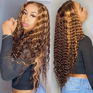 Maxglam Wig 5x5 Wear And Go Glueless Wig Ombre Highlight Water Wave Wigs 5x5 Glueless Wigs Human Hair With Elastic Band Pre Cut Pre Plucked 5x5 HD Transparent Lace Closure P4/27 Honey Blonde With Baby Hair Ombre Colored Wigs 20-28 Inch 200% Density