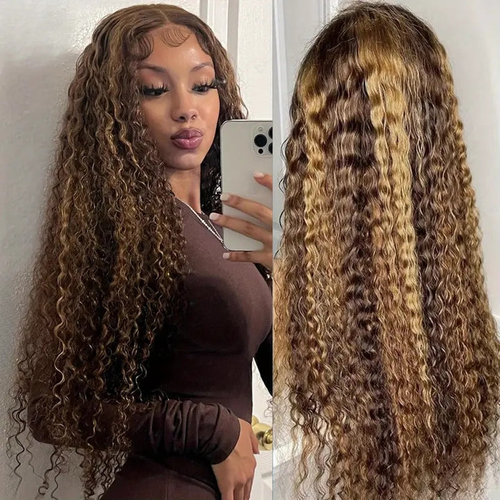 Maxglam Wig 5x5 Wear And Go Glueless Wig Ombre Highlight Water Wave Wigs 5x5 Glueless Wigs Human Hair With Elastic Band Pre Cut Pre Plucked 5x5 HD Transparent Lace Closure P4/27 Honey Blonde With Baby Hair Ombre Colored Wigs 20-28 Inch 200% Density