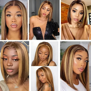 5X5 Lace Front Glueless Wig Human Hair Ready To Wear Bob Wigs Highlight 4/27 Colored Straight Bob Human Hair Wig Glueless Pre-Cut Lace Bob Wigs