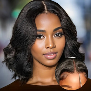 Wear And Go Glueless Wig 200% Density 5X5 Lace Front Human Hair  Body Wave Bob Wigs With Bangs For Women Black Short Wave Bob Wig Human Hair Natural Looking Wig